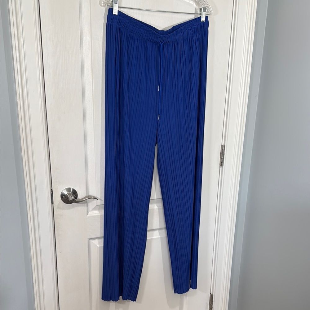 Striking Blue pleated Wide Leg Flowy Pants with elastic drawstring waist